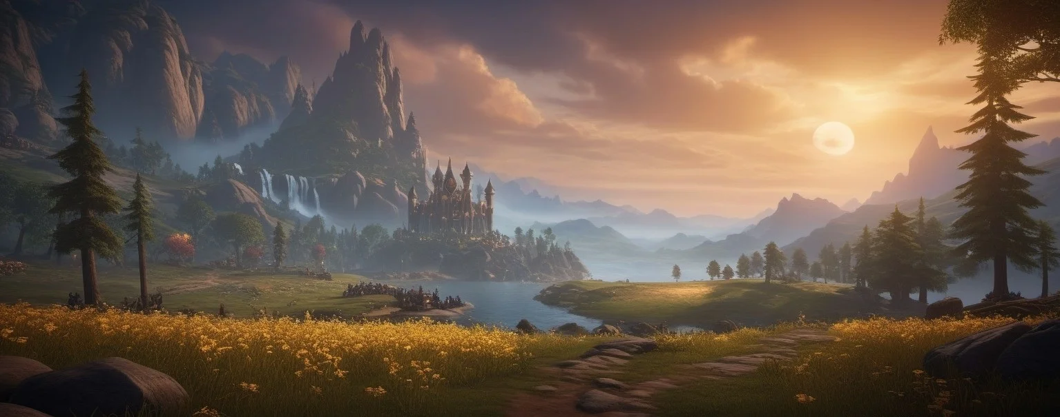 A castle on a lake below steep peaks at sunset, with a meadow of yellow flowers in front