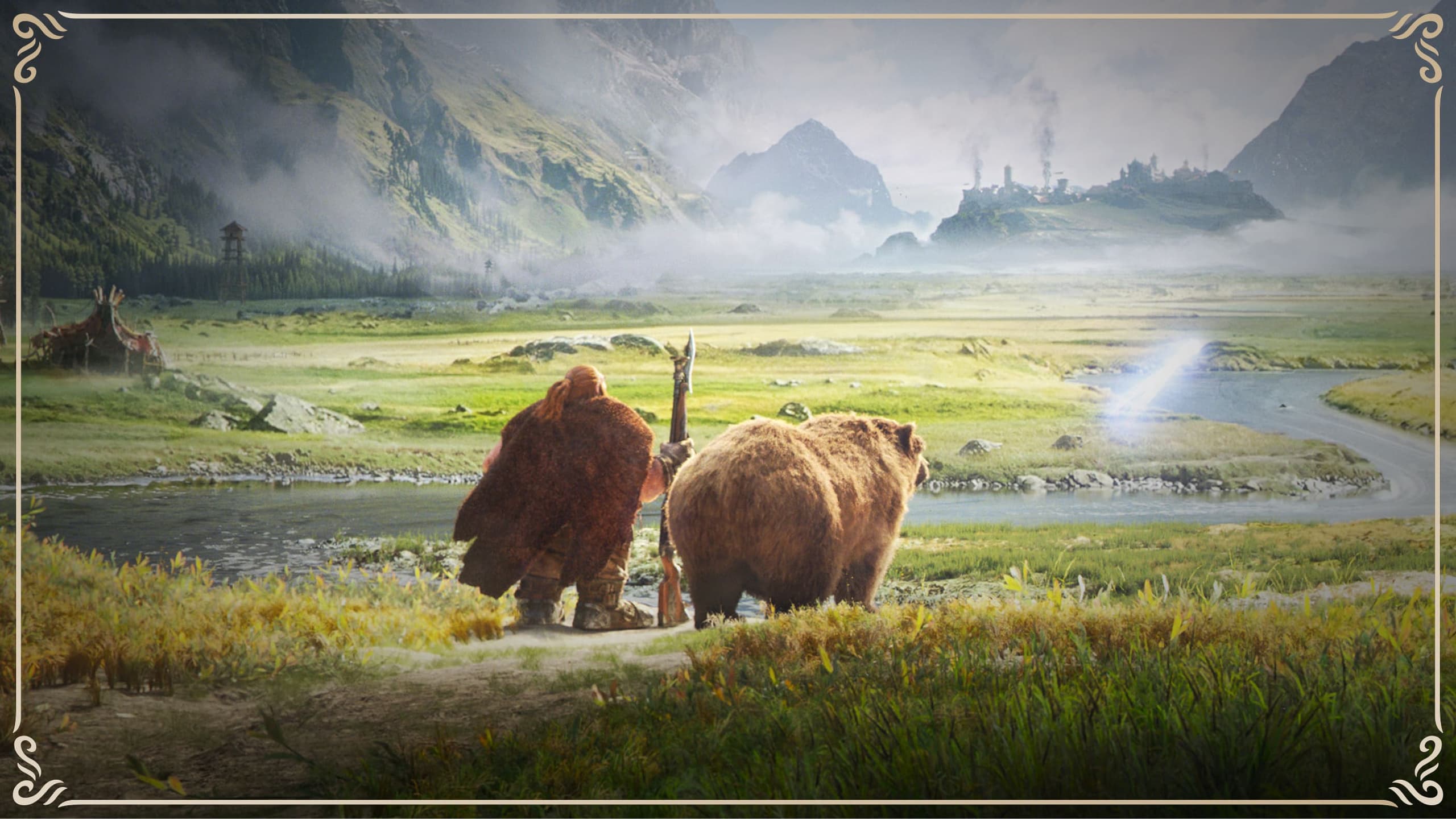 A dwarf hunter and his bear crossing a sunlit valley