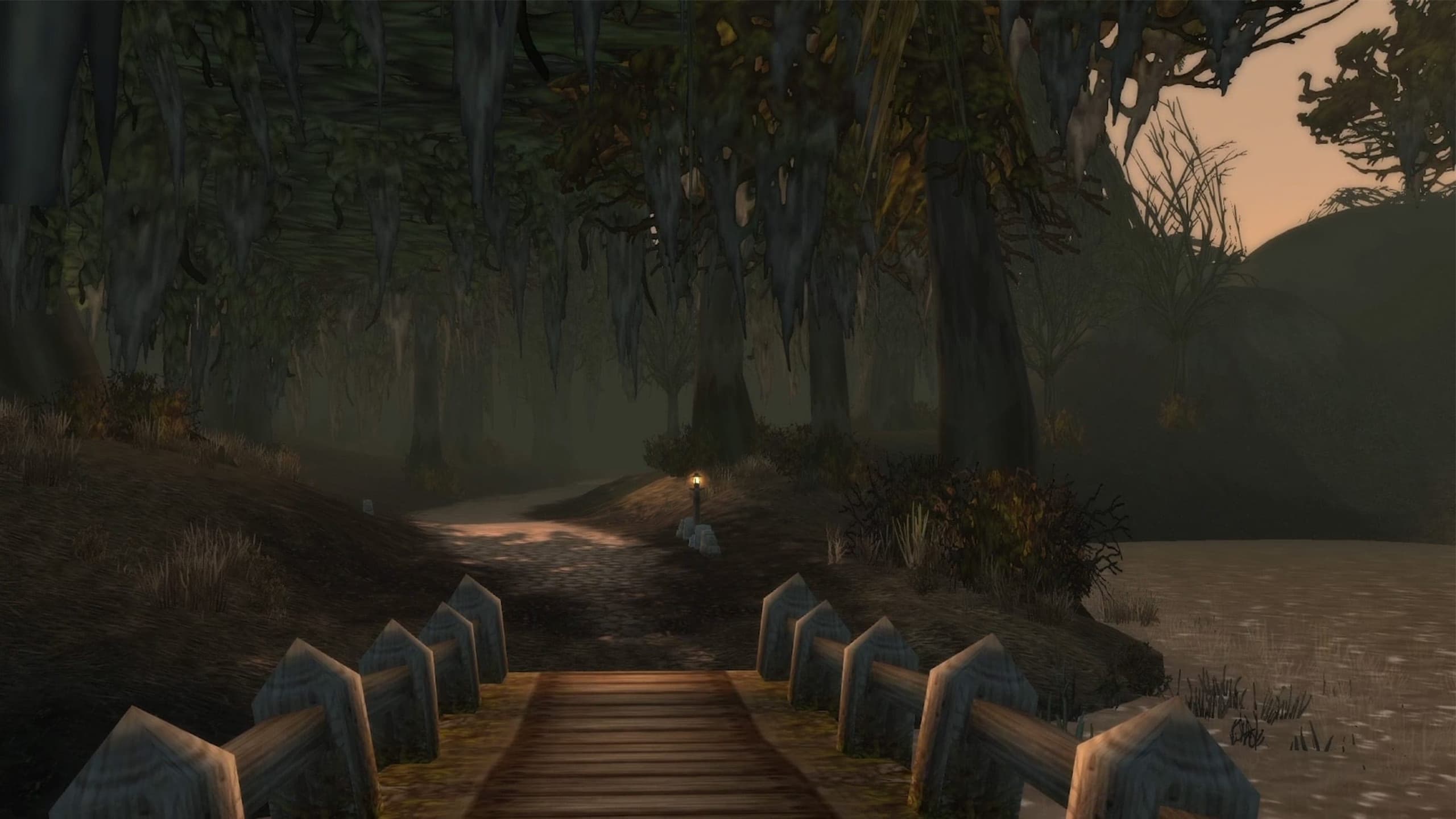 A torch-lit boardwalk through Dustwallow Marsh